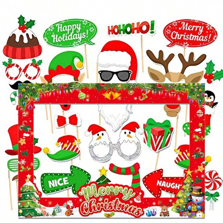 1pc Christmas Photo Frame+32pcs Handheld Photobooth Props, Red Christmas Decoration, Funny Photo Frame Paper, Handheld Photo Props, Party Supplies Set, Used For Taking Photos At Parties And Gatherings With Friends And Family