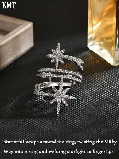 KMT 1 anel de cobre com zircônia cúbica incrustada, geométrico, estrela, elegante e sofisticado, para mulheres, festa, banquete, joias de noivado