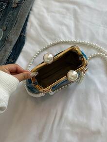 Túi xách dây xích ngọc trai vải xanh cổ điển mới, Túi đeo vai đa năng cho quý cô dự tiệc và tụ tập - Màu xanh lam - Xem 9