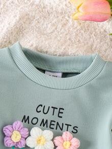 2 件女童休闲可爱荷叶边花卉字母印花长袖上衣和裤子套装，春秋 - 綠色 - 查看 3