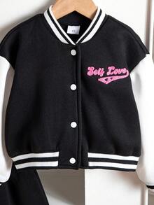 مجموعة جاكيت بيسبول وتنورة مطبوع عليها حرف للفتيات الصغيرات، ملابس رياضية كاجوال، موسم الخريف/الشتاء، 2 قطعة/طقم - الأسود - مشاهدة 4