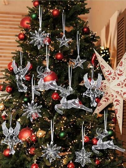 9/4件装水晶透明雪花圣诞树吊坠装饰，适用于节日、冬季、新年派对，透明悬挂饰品，圣诞家居装饰，圣诞房间装饰，圣诞家居礼物，圣诞装饰品