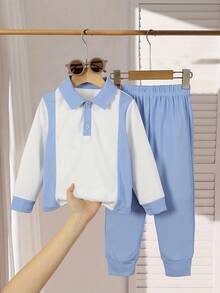 2 件儿童/男童校园风格千鸟格 Polo 领长袖 T 恤和松紧腰裤套装，秋季 - 藍白色 - 查看 1