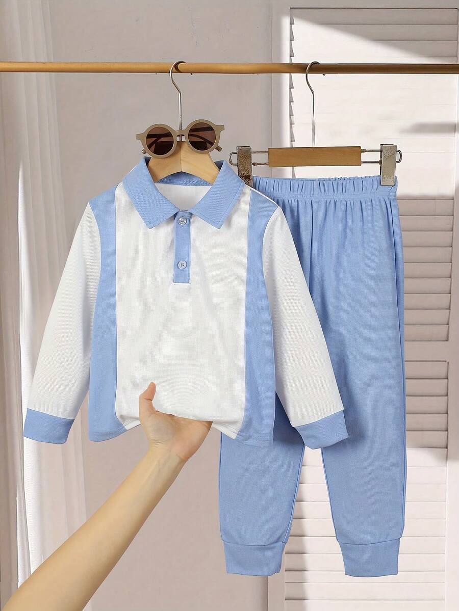 2 件儿童/男童校园风格千鸟格 Polo 领长袖 T 恤和松紧腰裤套装，秋季 - 藍白色 - 查看 1