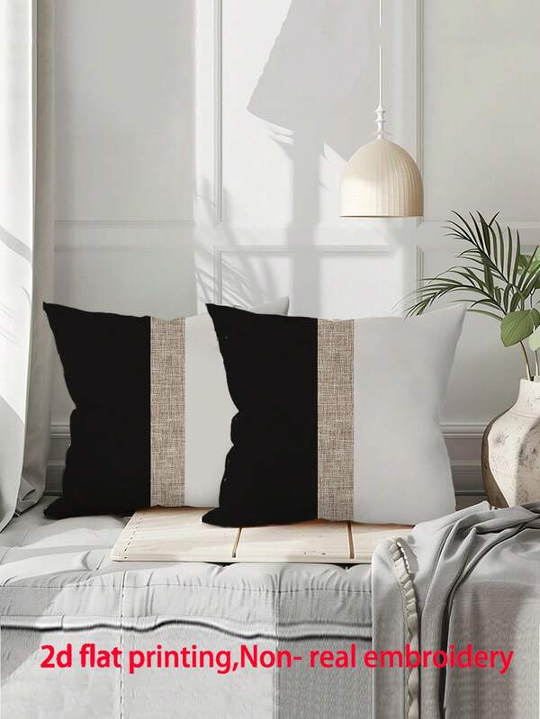2 piezas Fundas de almohada de estilo rústico a rayas - Negro, Blanco y Caqui, con cierre de cremallera, de poliéster - Perfectas para sofá, cama, decoración de sala de estar (no incluye los rellenos)
