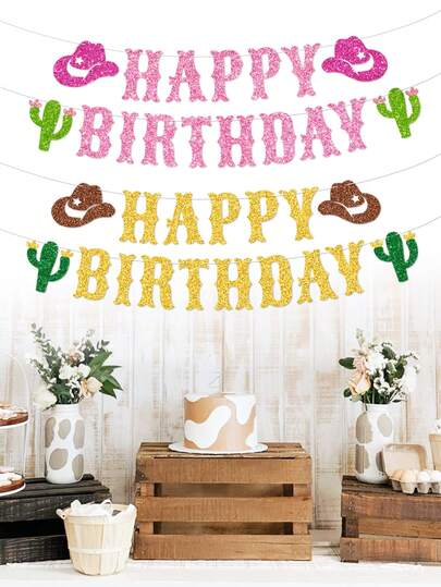 1pc Gold/Pink Glitter Happy Birthday Western Cowboy/Cowgirl Theme Wild West Party Banner Decoration For Retro Horse Rodeo Party Supplies For Boys/Girls, Cowboy Hat, Horses Garland For Boys/Girls Birthday Party/Cowboy Birthday Decorations/Cowgirl Birthday Decorations