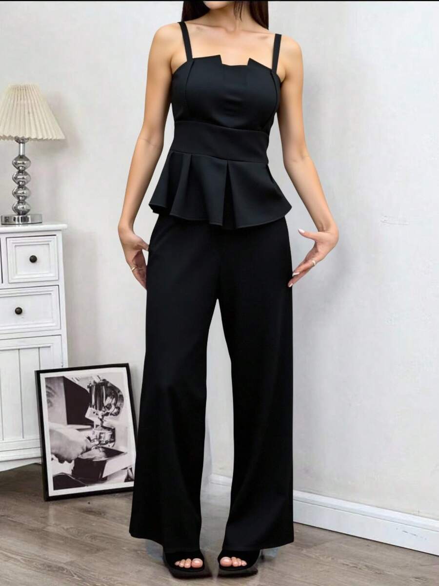 Women's Simple Linen Tube Top And Long Pant Set Summer Spring Wide Leg Pant Tank Top And Pants - Negro - Ver 1