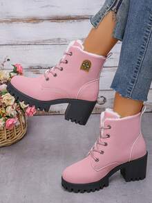 大码女式厚底系带保暖内衬时尚靴子中跟靴欧美风格冬季 - 粉色 - 查看 2