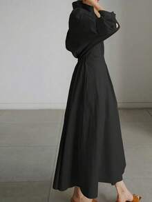 2026/新年女士加大码黑色梭织面料长袖褶裥纽扣前襟中长衬衫裙，领口设计，优雅别致，情人节，“做我的宝贝” - 黑色 - 查看 3