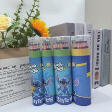 Conjunto de Lápis de Cor com Tema do Stitch em Balde - 12/36 Cores, Design Fofo de Desenho Animado do Stitch, Lápis de Colorir Premium para Crianças e Adultos