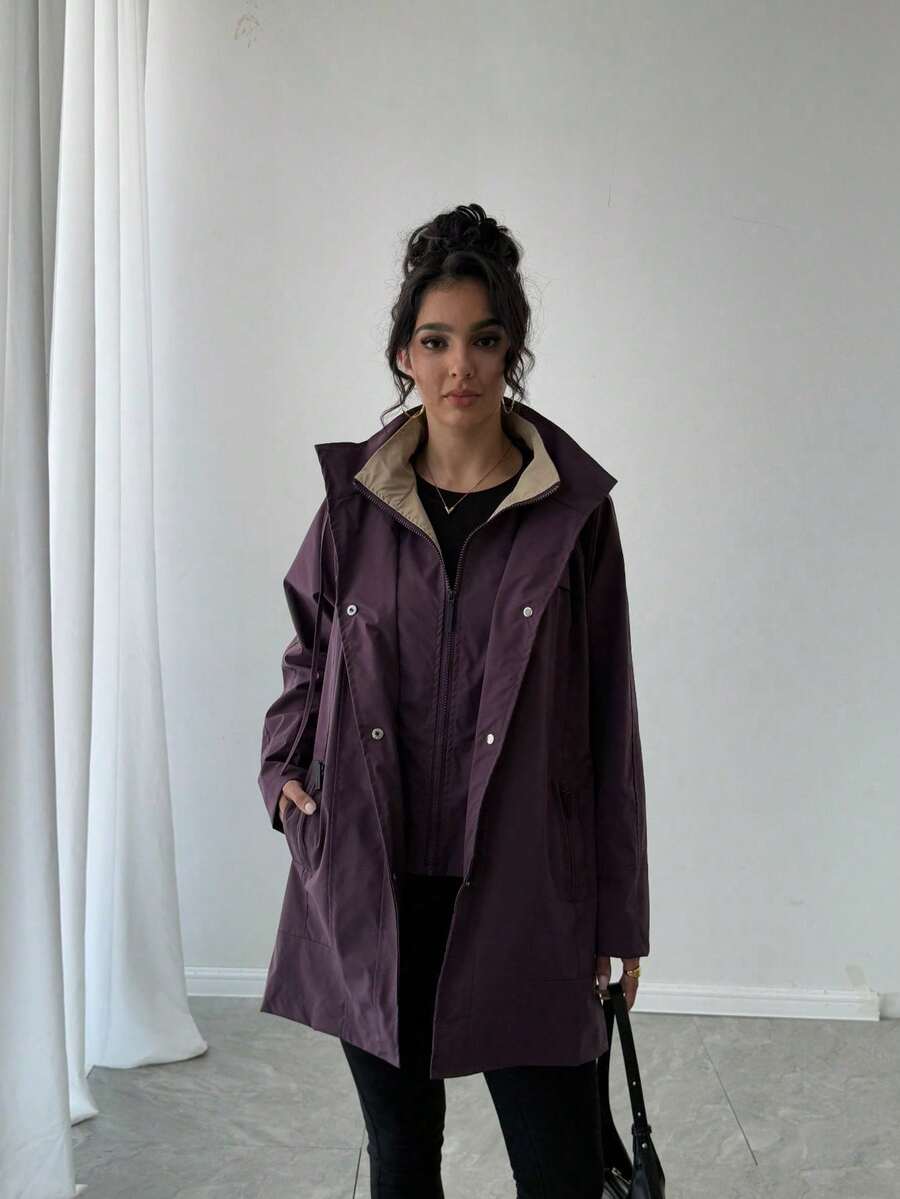 Damen Lange Parka Jacke, vielseitig für Pendeln, Zuhause und Sport, minimalistisches Design mit abnehmbarer Kapuze und Knopfleiste - Violett - Übersicht 1