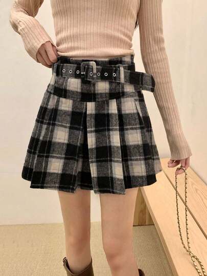秋冬新款格子毛呢裙，韩版高腰显瘦百褶裙，面料随机