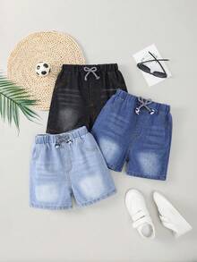 3pcs/Set Kids Light/Mid-Blue Washed Denim Boys Casual Elastic Waist Shorts, Summer Children Streetwear Knee-Length Pants - Black - View 8