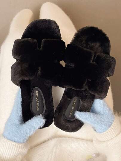 Women's Black Flat Metal Buckle Slip-On Fluffy Open Toe Slippers, Fur Lined Low Heel Fur Slides, Autumn/Winter New Furry Beach Soft Plush House Slippers