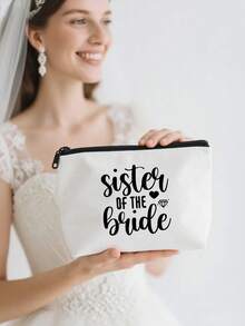 Bridal Bridesmaid Makeup Bag Wedding Bag Wedding Gift, Printed With The Letters "Bride/Sister Of The Bride" Canvas Zipper Bag, Wedding Party Gift, Multiple Styles Available, White Bag,Travel Storage Bag, Wash Bag, Hair Accessory Storage Bags, Practical Bride Team Gifts, Wedding Supplies, Bridal Party Gift For Besties And Sisters