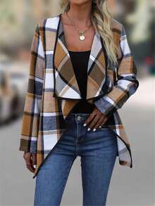 Plus Size Women Classic Plaid Pattern Long Sleeve Cardigan - Brown - View 3