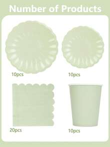 10 pièces Fournitures de fête vert clair à bord festonné. Assiettes en papier vert sauge, serviettes de cocktail, tasses, ensemble de vaisselle. paquets de fête pour mariage, baby shower, pique-nique, anniversaire, décorations