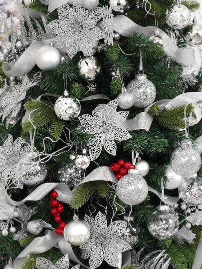 1/10pcs Christmas Tree Decorations, Shiny Red Flower Leaf Christmas Flower Tree Decor With Clips, Elegant Red Flower Leaf Christmas Ornaments For Christmas/Holiday/Seasonal/Wedding (Silver) Home Decor Christmas Decorations Room Decor