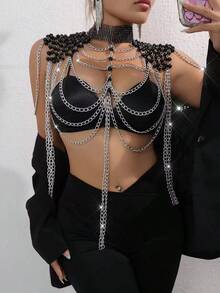 1pc Gothic Style Sexy Black Spaghetti Strap Metal Tassel Chain Body Chain, Luxury Shoulder Chain, Fashion Queen Party Outfit - Black - View 4