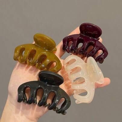 4pcs/1pc Women's Shiny Jelly Color Black, White, Purple, Khaki Medium Size 6cm/2.36in Claw Shaped Lightweight Plastic Hair Clip Fashionable, Versatile, High-End, Elegant Temperament Simple And Minimalist Style Solid Color Hair Claw Hair Accessories Suitable For Daily Outings, Leisure Parties, Commuting, Vacations, Face Washing, Bathing, Makeup Matching Clothes, Using Accessories, Headwear Accessories, Grabbing Clips Fall Claw Clips Autumn Hair Clutch Clips For Hair Winter