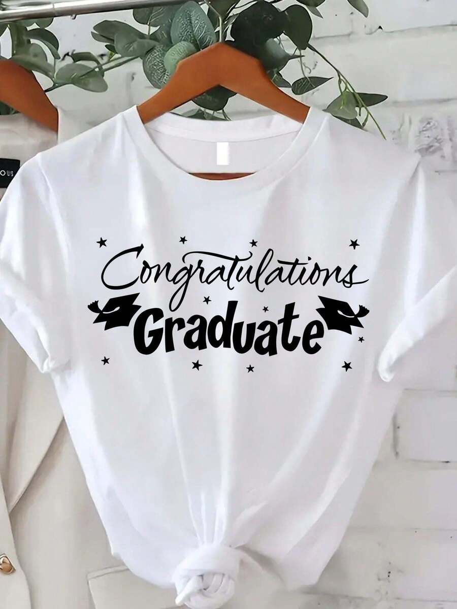 Celebrate Your Success In Style - Women's Congratulations Graduate T-Shirt, 180g White Cotton Crew Neck Short Sleeve Graphic Tee, Perfect For Graduation Gifts, Comfy Soft Breathable Casual Top