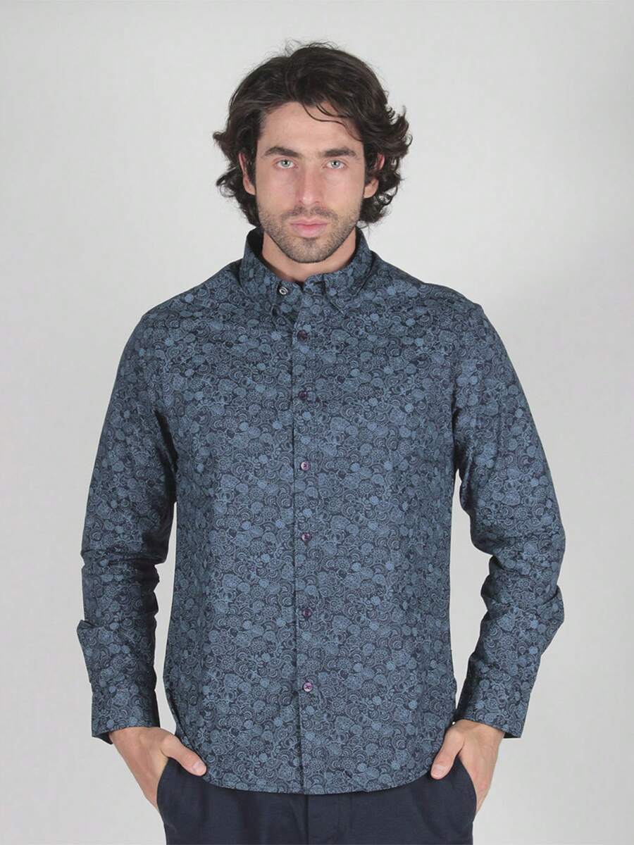 Ben Sherman Camisa Mono Floral Británico Manga Larga  Barroco    Otoño/Invierno  Primavera/Otoño    Regular    Canalé  Botón - Azul Marino - Ver 1