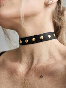 1件装女士性感朋克风颈链，摇滚哥特风黑色PU皮革流苏铆钉项圈束缚魅力派对饰品配饰 - 金色 - 查看 3