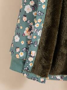 女童休闲碎花纽扣前长袖连帽棉服外套，秋冬 - 軍綠色 - 查看 5