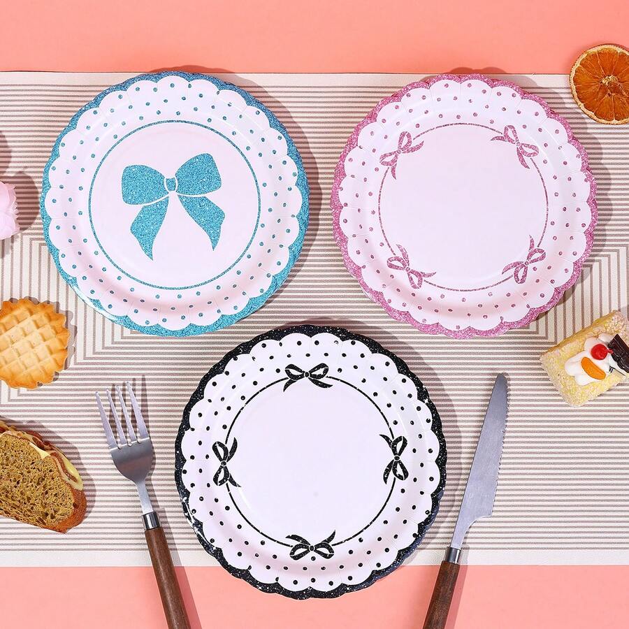 10pcs/20pcs/30pcs/50pcs/60pcs (Pink/Blue/Black) Bow Paper Plates, 7 Inch, Bow Themed Disposable Tableware Set For Birthday Party, Engagement, Wedding, Baby Shower, Bridal Shower - Multicolor - View 1