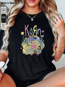 1 camiseta estampada, corte holgadoCartoon Fashion illustration woman in graphic T-shirt vibrant pop art styleIdeal para las vacaciones de verano, Halloween, el Día de la Independencia de México y otras ocasiones similares, este versátil modelo unisex es perfecto para llevar con ropa informal. - Negro - Ver 1