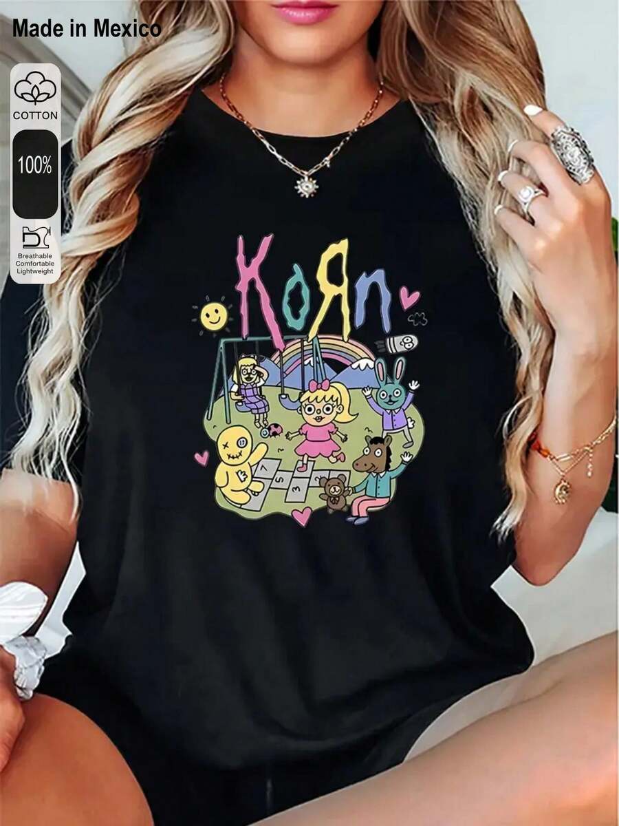 1 camiseta estampada, corte holgadoCartoon Fashion illustration woman in graphic T-shirt vibrant pop art styleIdeal para las vacaciones de verano, Halloween, el Día de la Independencia de México y otras ocasiones similares, este versátil modelo unisex es perfecto para llevar con ropa informal. - Negro - Ver 1