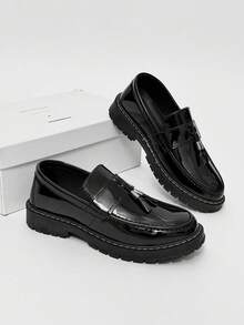 Men's Casual Thick Sole Slip-On Increased Height Solid Black Leather Shoes, Student Flat Shoes, Formal Business Shoes, Fringe Casual Work Boots Wedding Accessories