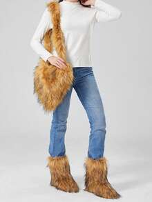 2 件套：时尚毛绒靴和单肩包，女士冬季保暖中筒毛绒雪地靴 - 棕色 - 查看 1