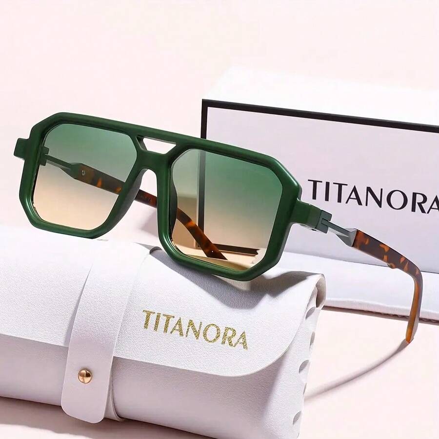 Titanium Le La Unisex Square Frame Fashion Glasses - Gold Retro Style With Green Decorative Lenses, Lightweight Polycarbonate Design, Comes With Microfiber Cloth And Glasses Case - Perfect Couple Set, Accessories, Retro Look, Fashionable Hinges, Must-Have For Cool People, Decorative Glasses, Bold Design, Durable Hinges, High-Quality Glasses, Unique Glasses - màu đen - Xem 1