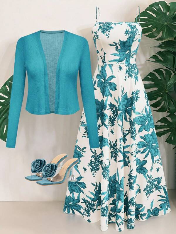 Women's Sleeveless Printed Waist Flare Dress With Knit Cardigan, Romantic Bohemian Floral Print Vacation Outfit Set