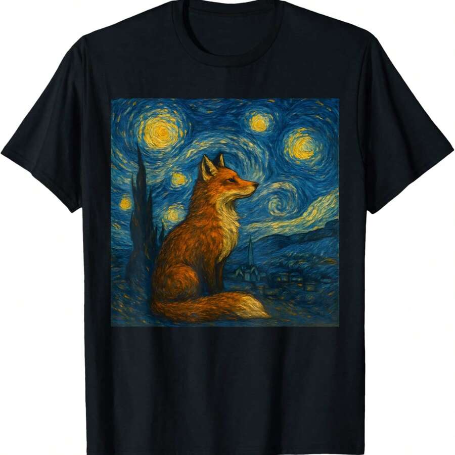 Fox Starry Night Funny Fox Art Van Gogh Style T-Shirt