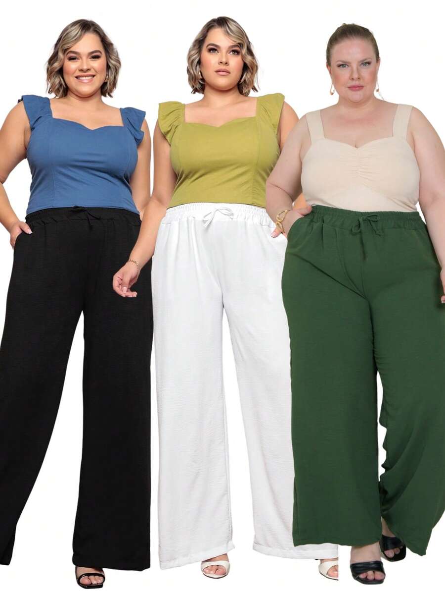 Duna Women's Plus Size Wide Leg Pants Kit 3 - White Black Military Green - View 1