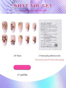 24片杏仁形3D凝胶棕色花朵白色法式美甲贴纸，完美搭配亚克力美甲套装，包含1瓶果冻凝胶和1把指甲锉，适合秋冬季节，可用于日常、工作、学习和派对美甲，适合女性和女孩。 - 棕色 - 查看 2