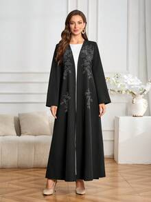 Women's Elegant Solid Black Long Sleeve Cardigan Abaya With Rhinestone Pattern, Versatile For Daily Wear - Black - View 1