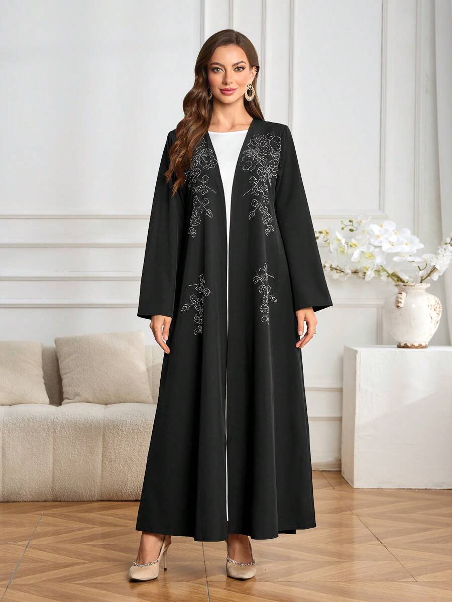 Women's Elegant Solid Black Long Sleeve Cardigan Abaya With Rhinestone Pattern, Versatile For Daily Wear - Black - View 1