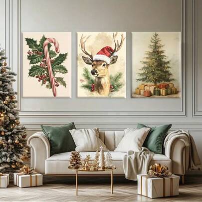 1/3 Panel Rustic Christmas Canvas Wall Art With Reindeer, Pine Tree And Candy Cane Patterns, Comes With Optional Wooden Frame, Vintage Christmas Wall Decor Suitable For Living Room, Bedroom, Home Office, Perfect For Holiday Gift, Home Decoration And Art Poster