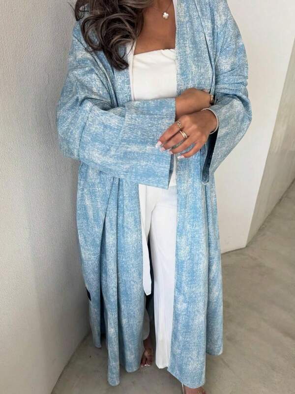 1 Pc Elegant Women's Long Sleeve Long Sky Blue Woven Fabric Kaftan With Unique Textured Print Comfortable Non-Stretch Jalabiya Abaya, Suitable For Daily, Work, Travel, Party