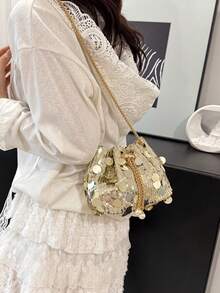 1pc Fashionable Metallic Sequin Design Women's Evening Clutch Bag With Chain Strap,Crossbody Shoulder Bag Suitable For Summer Women's Party, Gathering, Photo Shooting, Festival Gifts, Popular Brand Women Handbag - Multicolor - View 8