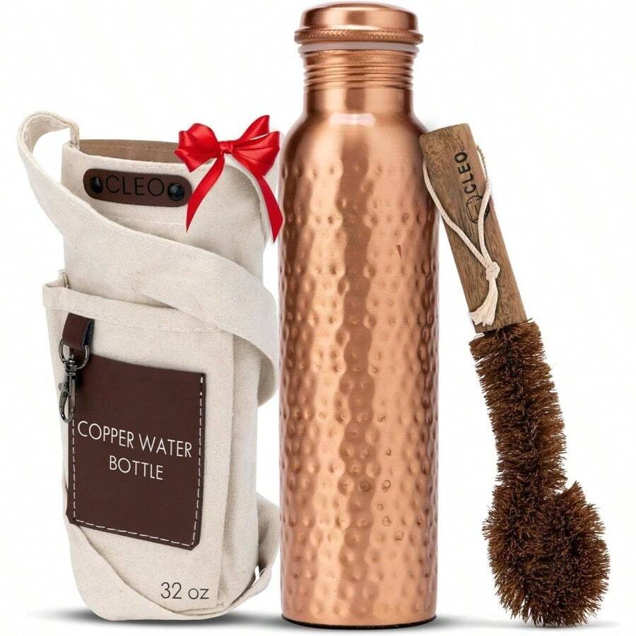 CLEO HOME - Botella ayurvdica de agua de cobre con acabado martillado 950 ml aislamiento trmico, a prueba de fugas+ Bolsa de lona c2 bolsillos y cepillo de limpieza - CLÁSICO - Ver 1