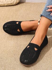Women's Knitted Hollow-Out Breathable Yet Distinctive Slip-On Casual Flat Shoes, Relaxed, Comfortable And Stylish For Everyday Wear