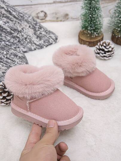 女童纯色简约户外雪地靴，带毛领，温暖舒适