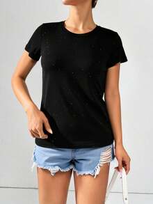 HERMOSA BLUSA CASUAL CON APLICACION DE PEDRERIA CUELLO REDONDO - Negro - Ver 3