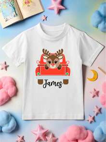Reindeer In Christmas Truck Shirt, Personalized Name Boys Christmas T-Shirt, Custom Name Retro X-Mas Car Tee, Cousins Christmas Matching Group Toddler Tee, Winter Holiday Youth Sweatshirt. CU-155 - 白色 - 查看 1