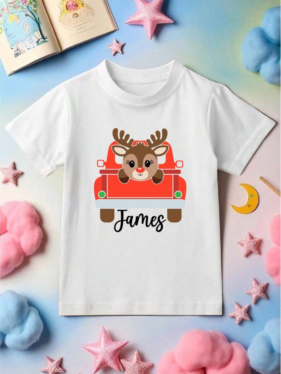 Reindeer In Christmas Truck Shirt, Personalized Name Boys Christmas T-Shirt, Custom Name Retro X-Mas Car Tee, Cousins Christmas Matching Group Toddler Tee, Winter Holiday Youth Sweatshirt. CU-155 - 白色 - 查看 1