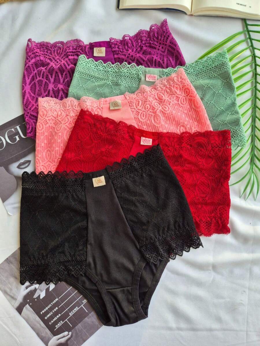 Kit 5 Calcinha Cinta Modeladora Mirla Alta Pressão Rendada Moda Intima Feminina